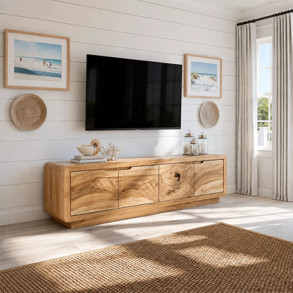 Modern TV Stand with Four Cabinet Doors in Natural Solid Wood - Elitegemse - 9