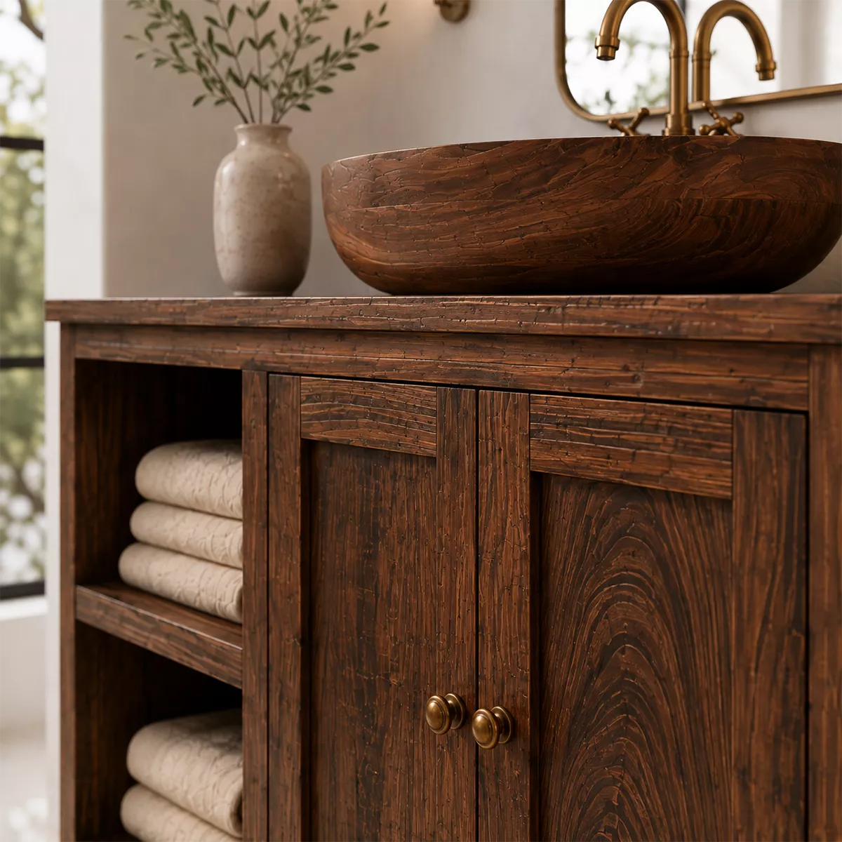 Natural Solid Wood Bathroom Vanity with Open Nook Storage Traditional - Elitegemse - 1