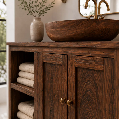 Natural Solid Wood Bathroom Vanity with Open Nook Storage Traditional - Elitegemse - 1