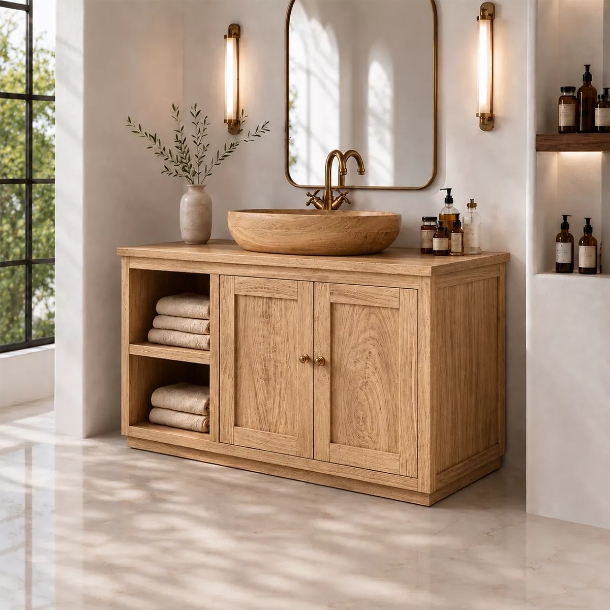 Natural Solid Wood Bathroom Vanity with Open Nook Storage Traditional - Elitegemse - 10