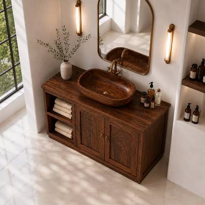 Natural Solid Wood Bathroom Vanity with Open Nook Storage Traditional - Elitegemse - 2