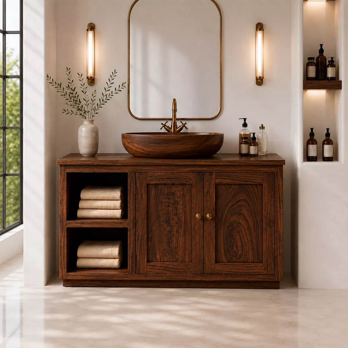 Natural Solid Wood Bathroom Vanity with Open Nook Storage Traditional - Elitegemse - 3