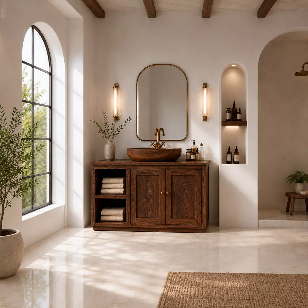 Natural Solid Wood Bathroom Vanity with Open Nook Storage Traditional - Elitegemse - 4