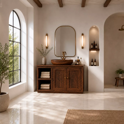 Natural Solid Wood Bathroom Vanity with Open Nook Storage Traditional - Elitegemse - 4
