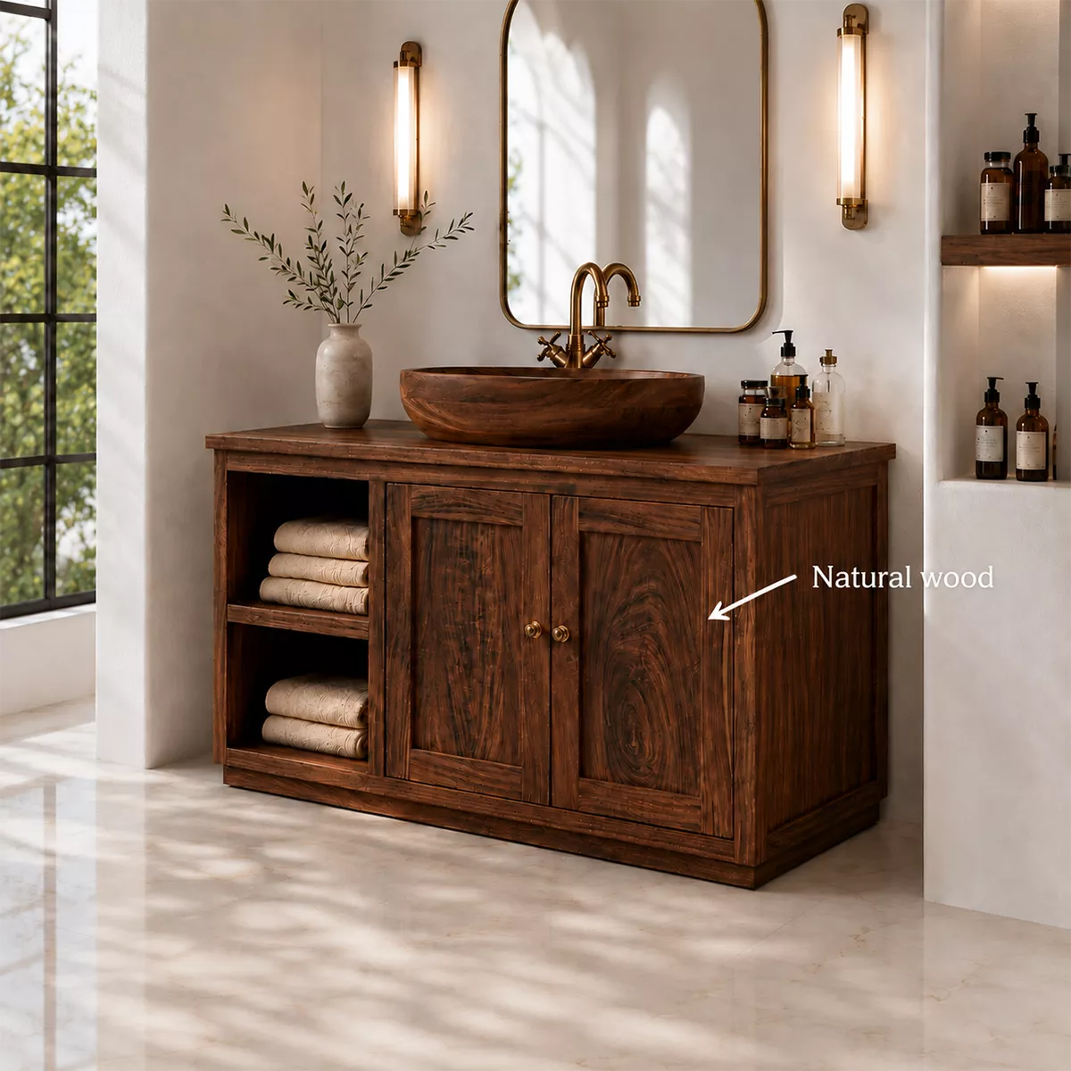 Natural Solid Wood Bathroom Vanity with Open Nook Storage Traditional - Elitegemse - 6