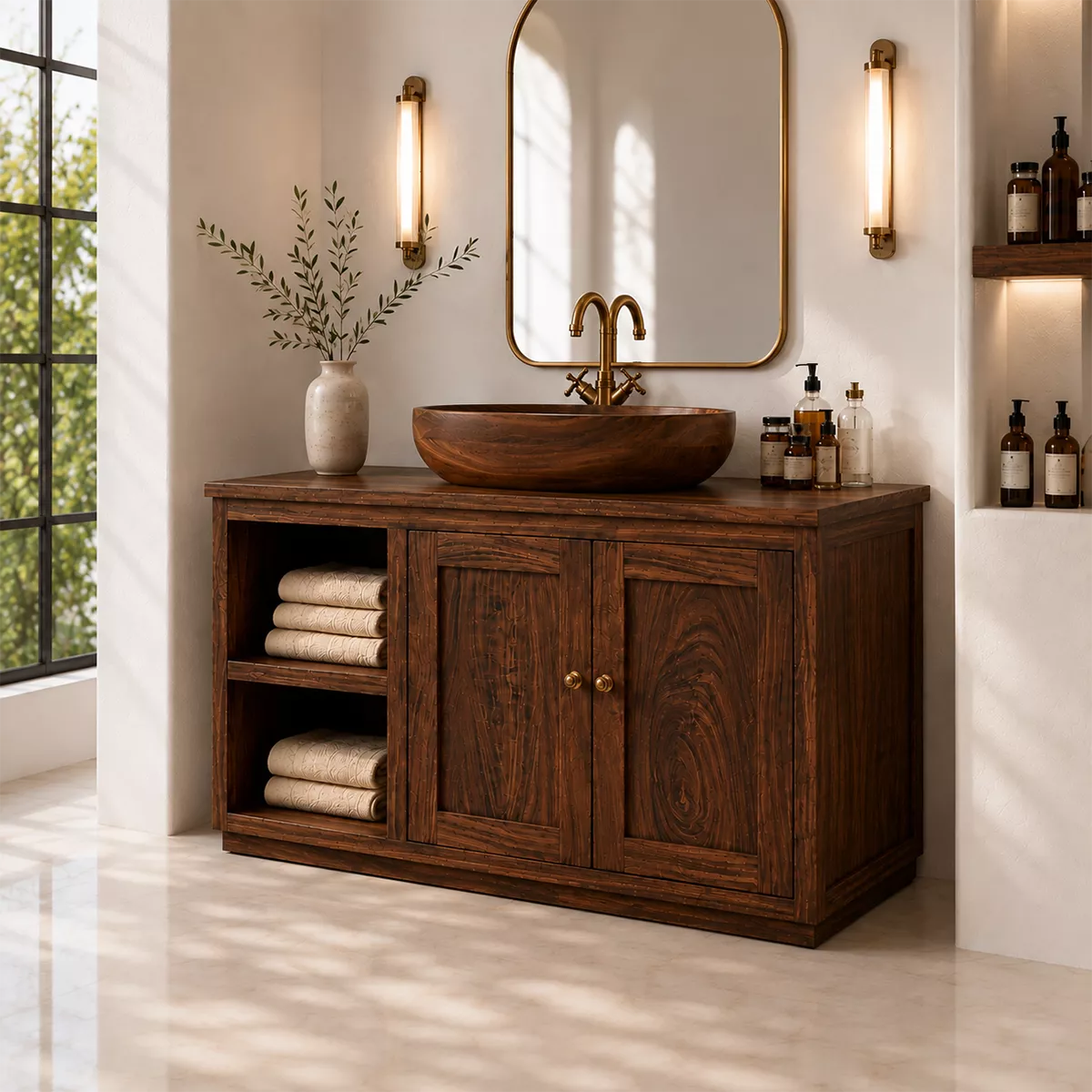 Natural Solid Wood Bathroom Vanity with Open Nook Storage Traditional - Elitegemse - 7