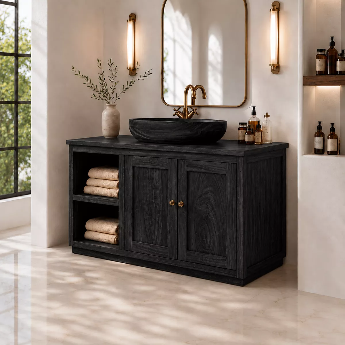 Natural Solid Wood Bathroom Vanity with Open Nook Storage Traditional - Elitegemse - 8