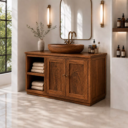 Natural Solid Wood Bathroom Vanity with Open Nook Storage Traditional - Elitegemse - 9