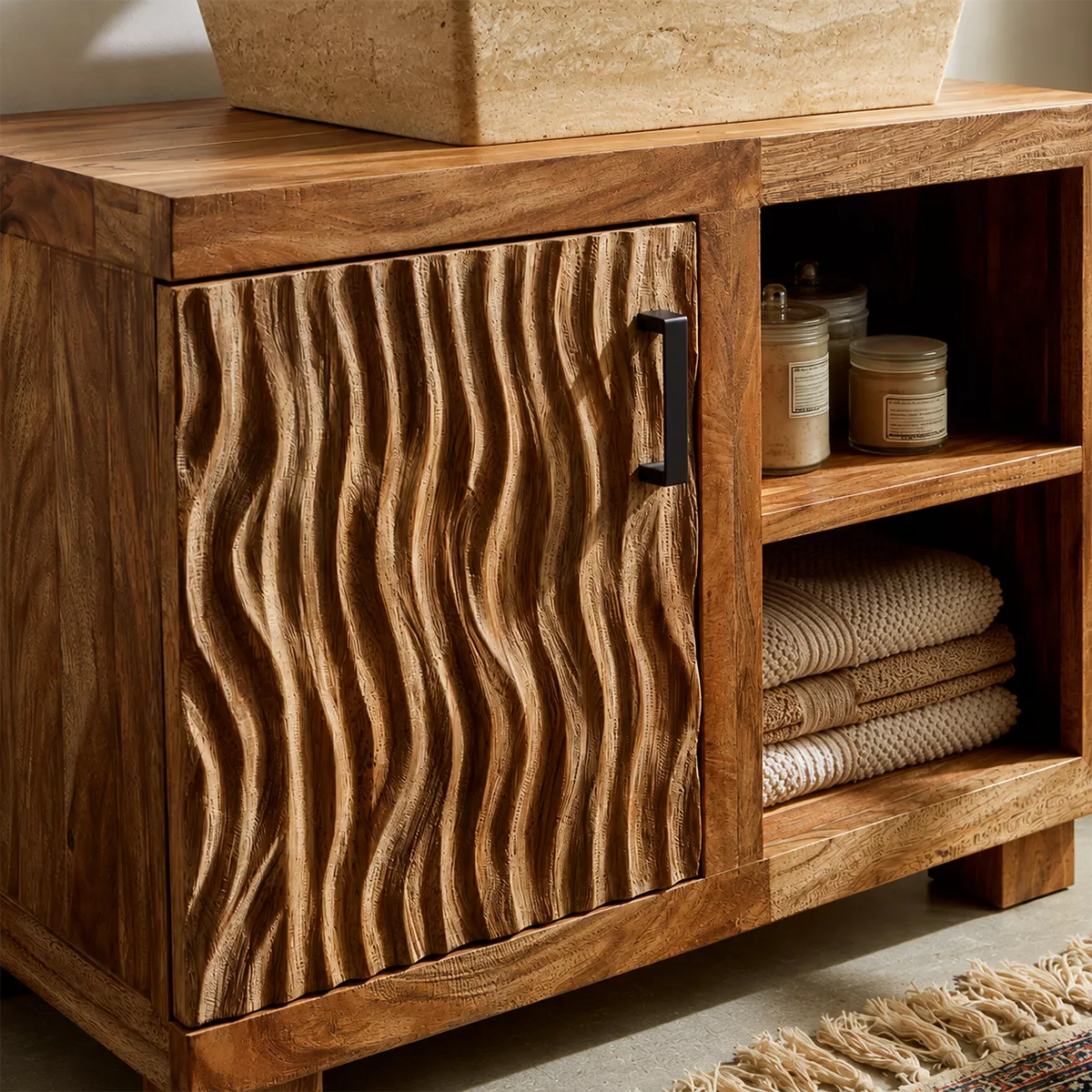 Natural Solid Wood Bathroom Vanity with Sculptural Wave Cabinet Traditional - Elitegemse - 1
