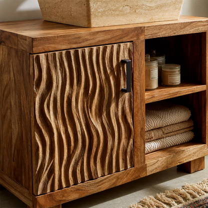 Natural Solid Wood Bathroom Vanity with Sculptural Wave Cabinet Traditional - Elitegemse - 1
