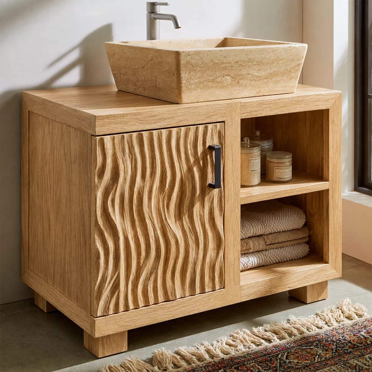Natural Solid Wood Bathroom Vanity with Sculptural Wave Cabinet Traditional - Elitegemse - 10