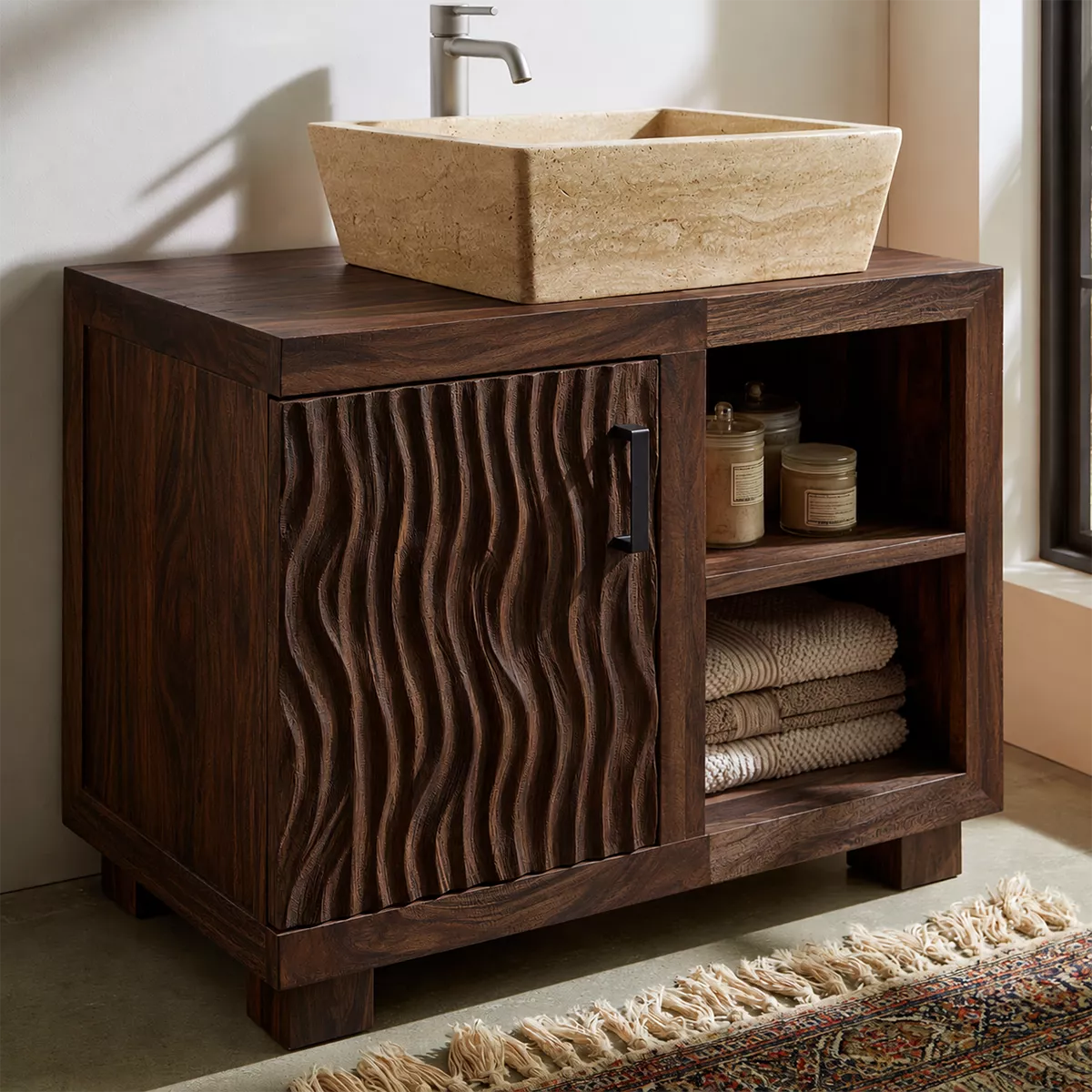 Natural Solid Wood Bathroom Vanity with Sculptural Wave Cabinet Traditional - Elitegemse - 11