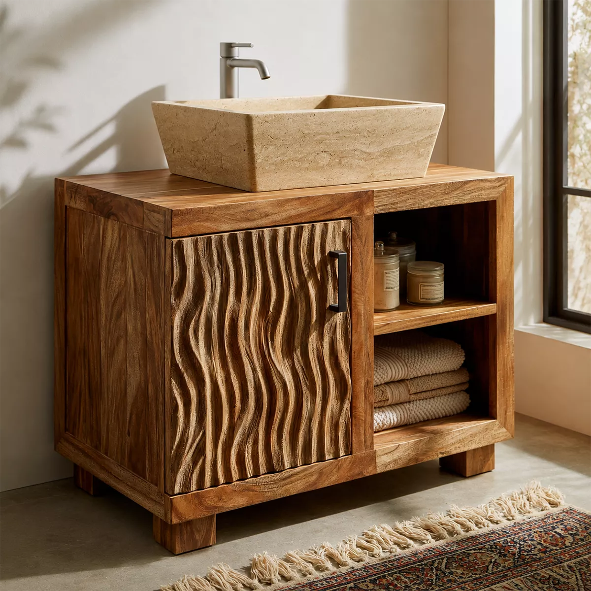 Natural Solid Wood Bathroom Vanity with Sculptural Wave Cabinet Traditional - Elitegemse - 2