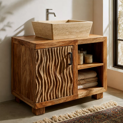 Natural Solid Wood Bathroom Vanity with Sculptural Wave Cabinet Traditional - Elitegemse - 2