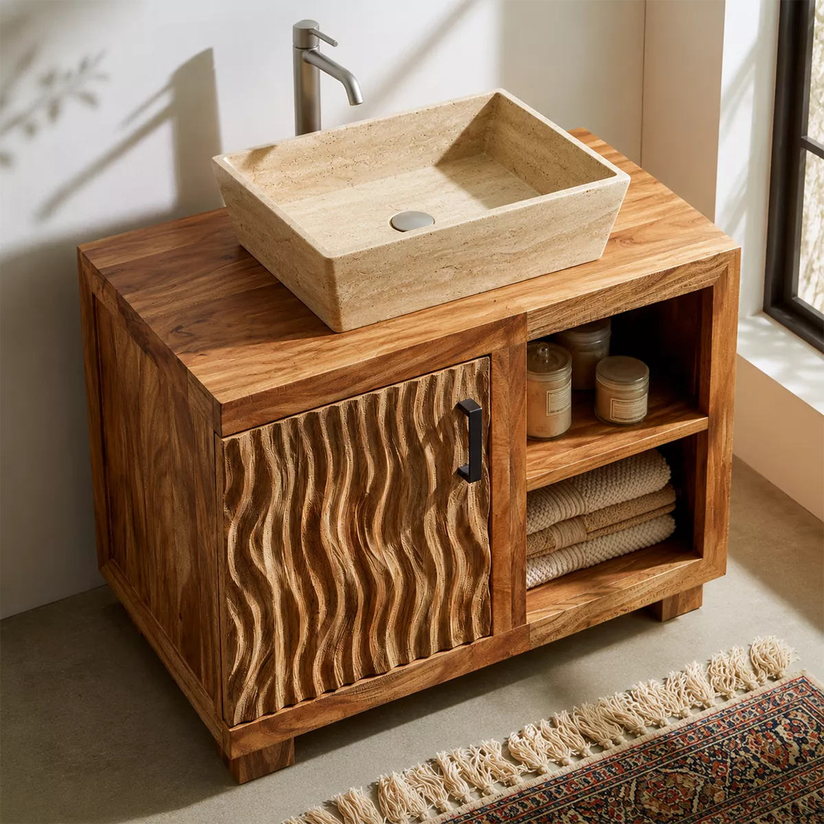 Natural Solid Wood Bathroom Vanity with Sculptural Wave Cabinet Traditional - Elitegemse - 3