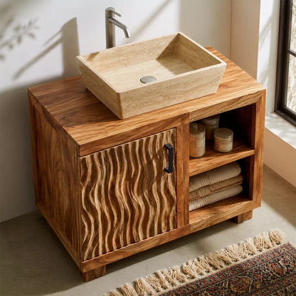 Natural Solid Wood Bathroom Vanity with Sculptural Wave Cabinet Traditional - Elitegemse - 3