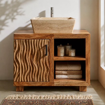Natural Solid Wood Bathroom Vanity with Sculptural Wave Cabinet Traditional - Elitegemse - 4