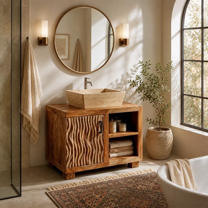 Natural Solid Wood Bathroom Vanity with Sculptural Wave Cabinet Traditional - Elitegemse - 5