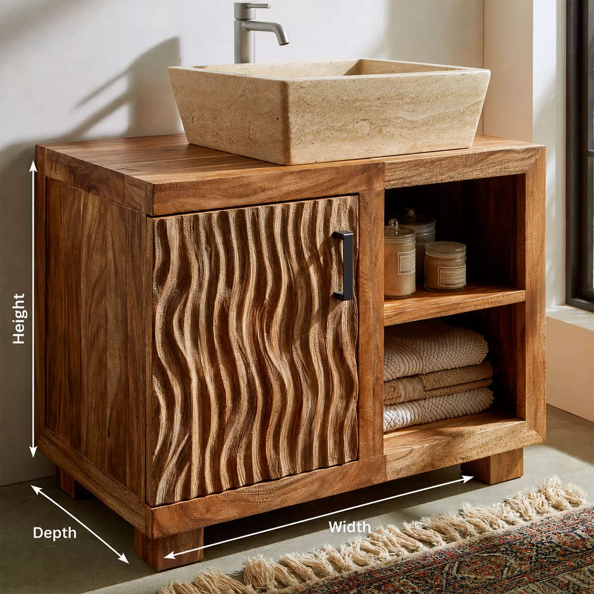 Natural Solid Wood Bathroom Vanity with Sculptural Wave Cabinet Traditional - Elitegemse - 7