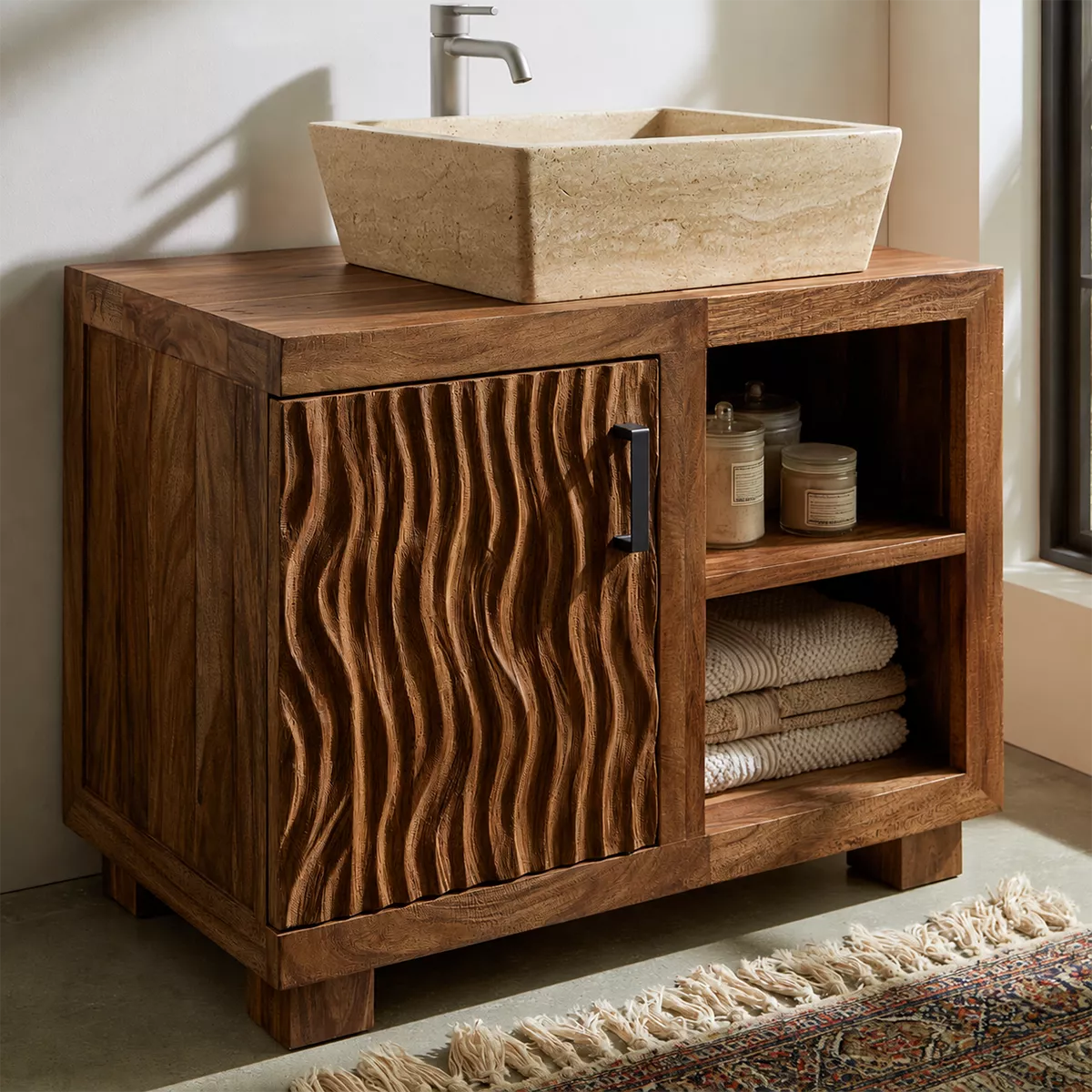 Natural Solid Wood Bathroom Vanity with Sculptural Wave Cabinet Traditional - Elitegemse - 8