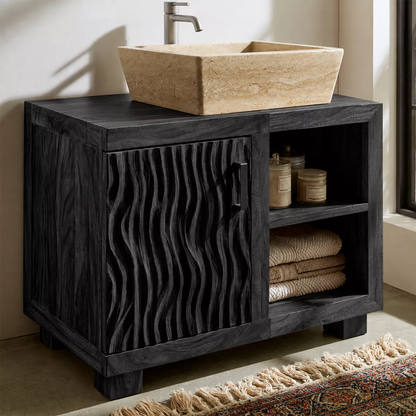 Natural Solid Wood Bathroom Vanity with Sculptural Wave Cabinet Traditional - Elitegemse - 9