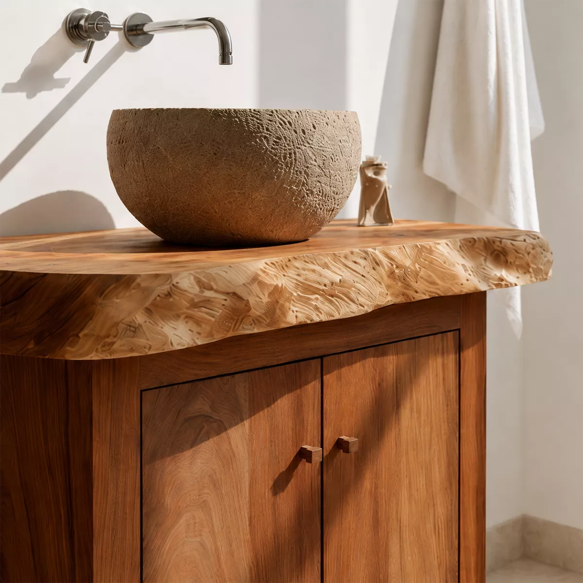 Natural Solid Wood Bathroom Vanity with Two Cabinet Doors Rustic Style - Elitegemse - 1
