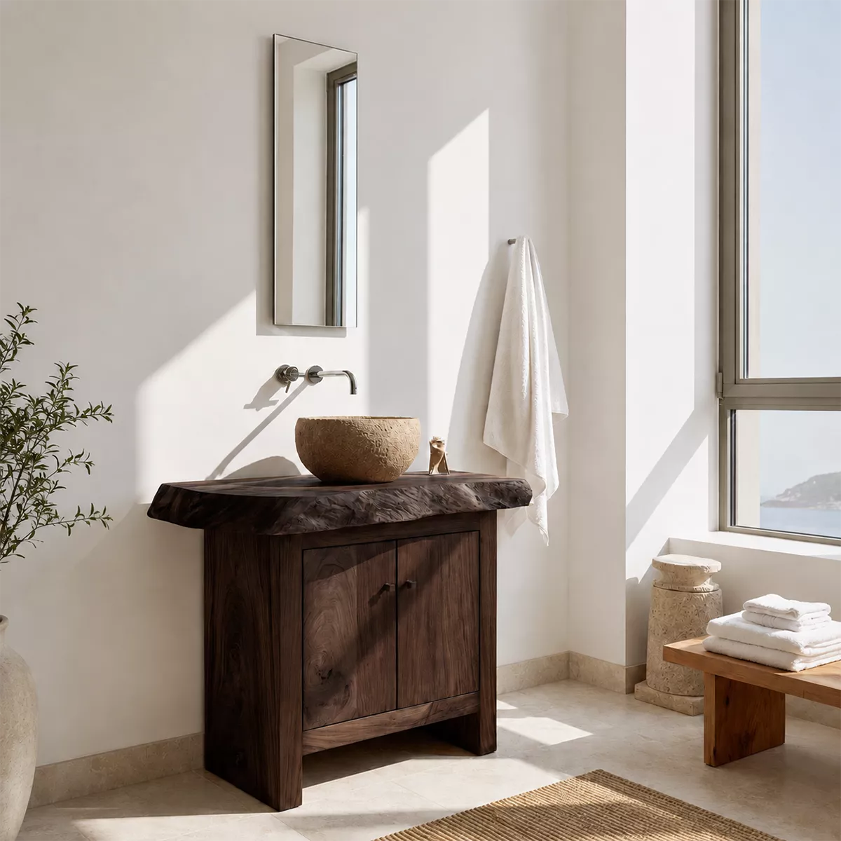 Natural Solid Wood Bathroom Vanity with Two Cabinet Doors Rustic Style - Elitegemse - 10
