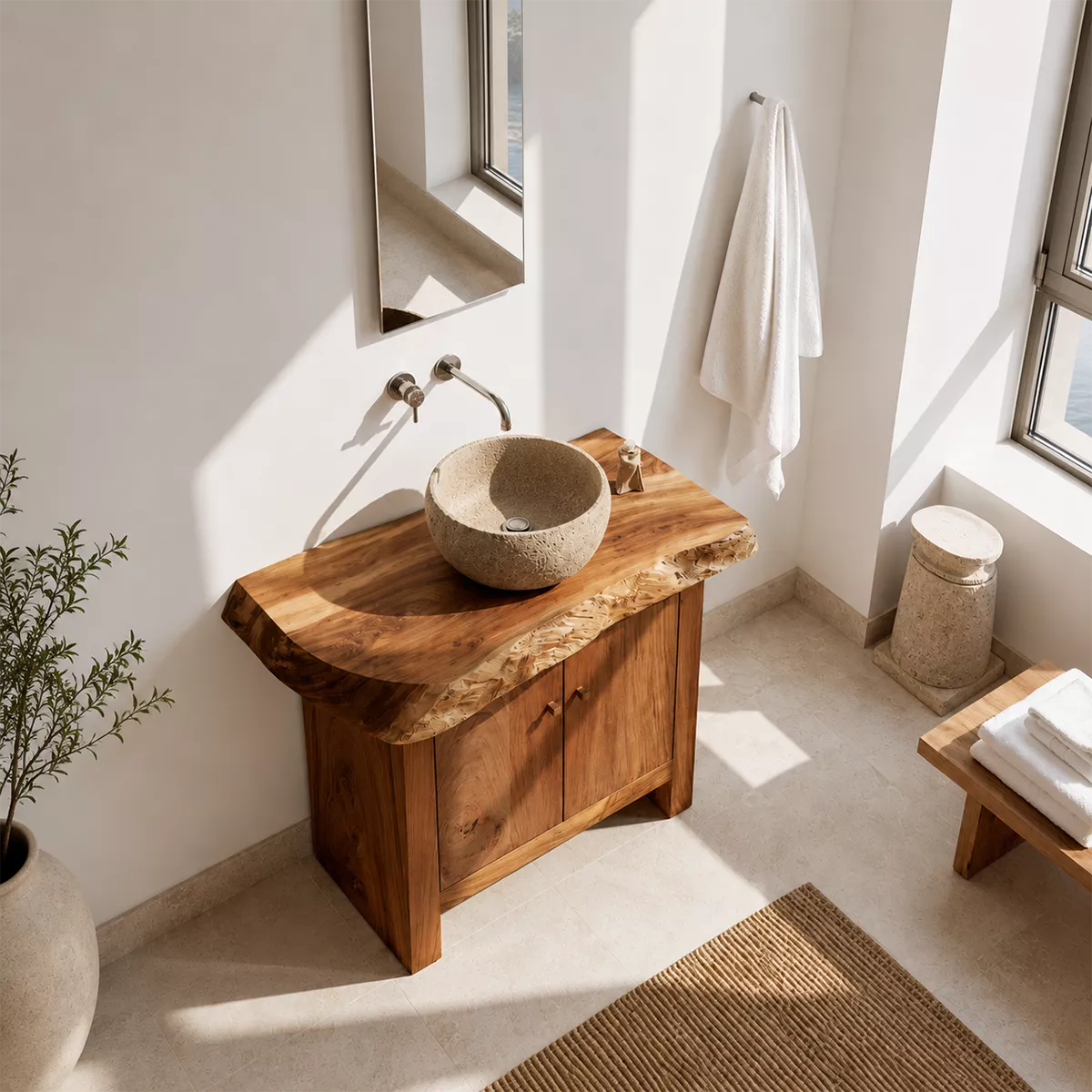 Natural Solid Wood Bathroom Vanity with Two Cabinet Doors Rustic Style - Elitegemse - 2