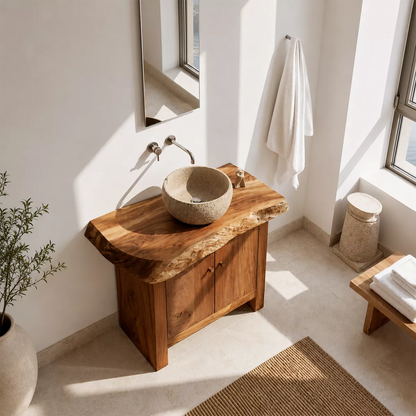 Natural Solid Wood Bathroom Vanity with Two Cabinet Doors Rustic Style - Elitegemse - 2