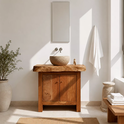Natural Solid Wood Bathroom Vanity with Two Cabinet Doors Rustic Style - Elitegemse - 3