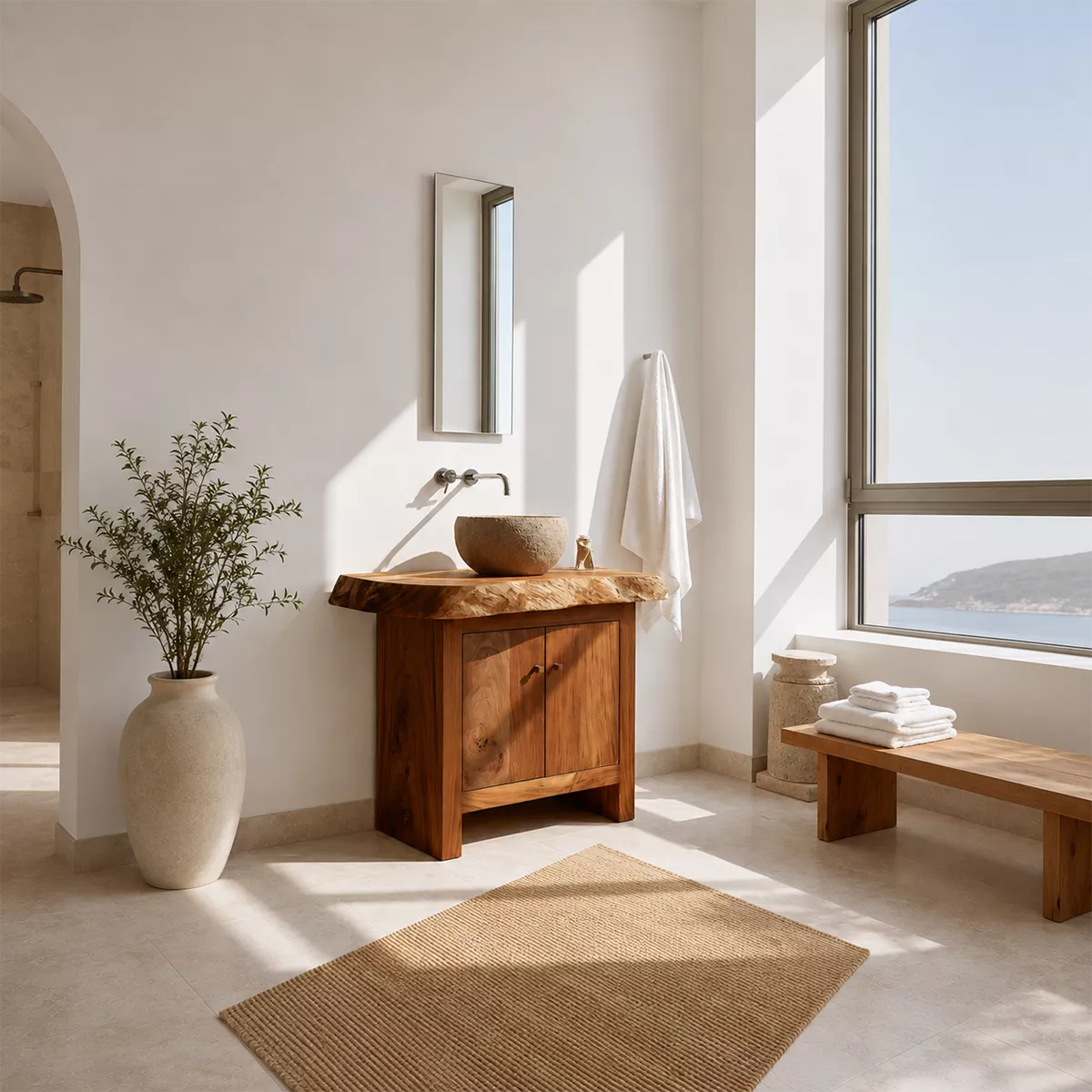 Natural Solid Wood Bathroom Vanity with Two Cabinet Doors Rustic Style - Elitegemse - 4
