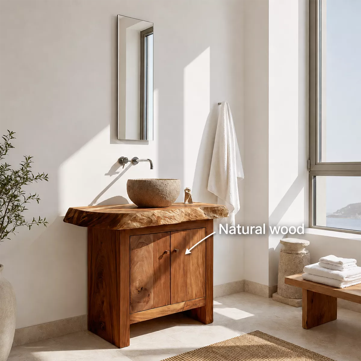 Natural Solid Wood Bathroom Vanity with Two Cabinet Doors Rustic Style - Elitegemse - 6