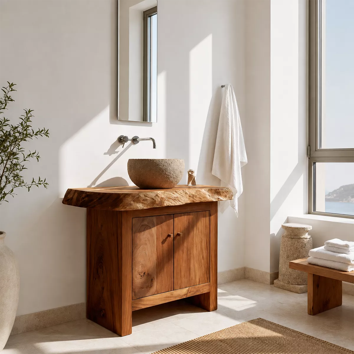 Natural Solid Wood Bathroom Vanity with Two Cabinet Doors Rustic Style - Elitegemse - 7