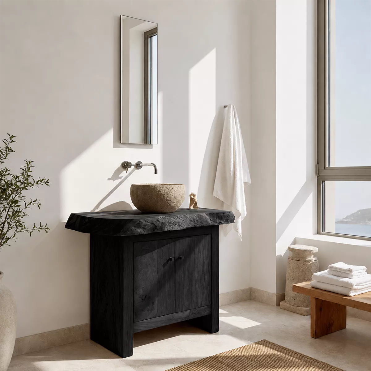 Natural Solid Wood Bathroom Vanity with Two Cabinet Doors Rustic Style - Elitegemse - 8