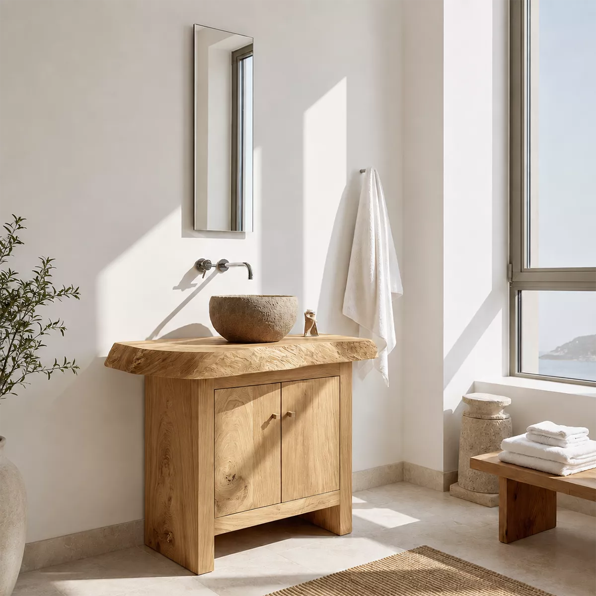 Natural Solid Wood Bathroom Vanity with Two Cabinet Doors Rustic Style - Elitegemse - 9