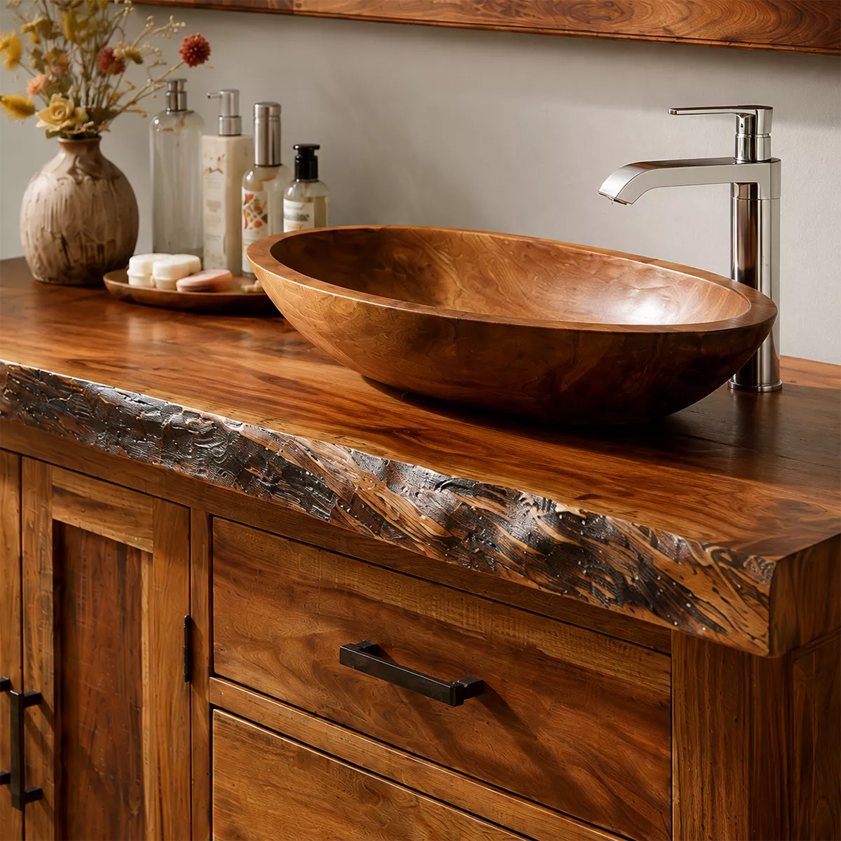 Natural Solid Wood Bathroom Vanity with Two Drawers Cabinet Doors Rustic - Elitegemse - 1