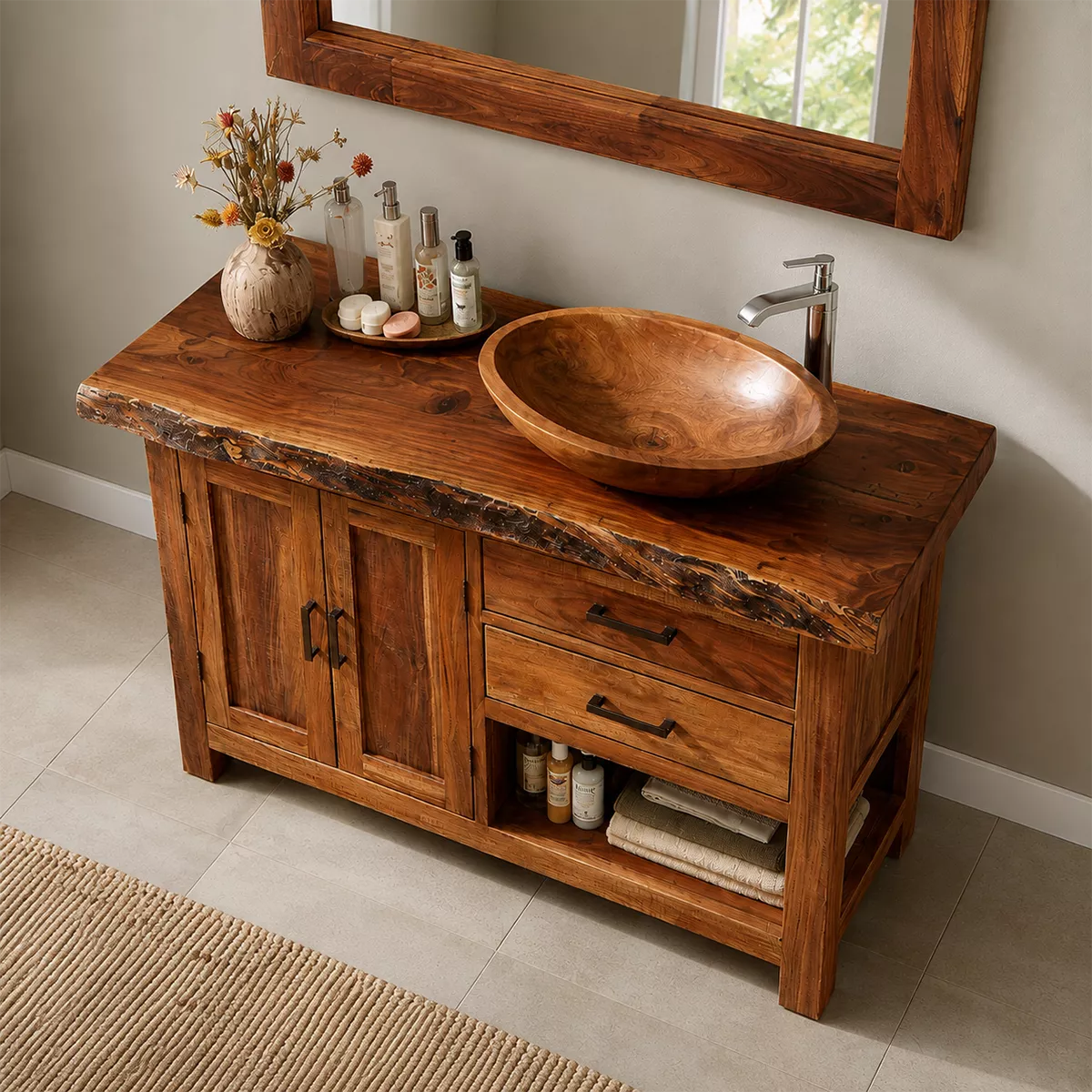 Natural Solid Wood Bathroom Vanity with Two Drawers Cabinet Doors Rustic - Elitegemse - 2