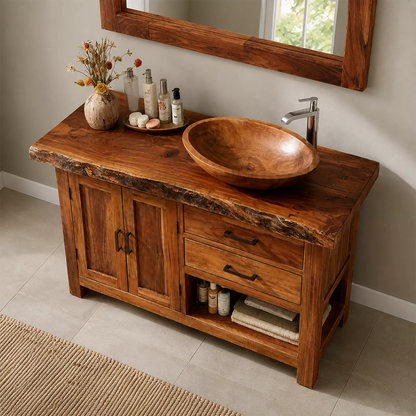 Natural Solid Wood Bathroom Vanity with Two Drawers Cabinet Doors Rustic - Elitegemse - 2