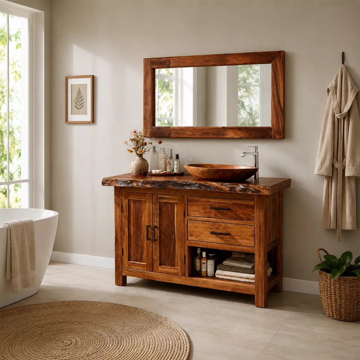 Natural Solid Wood Bathroom Vanity with Two Drawers Cabinet Doors Rustic - Elitegemse - 3