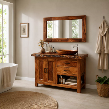 Natural Solid Wood Bathroom Vanity with Two Drawers Cabinet Doors Rustic - Elitegemse - 3