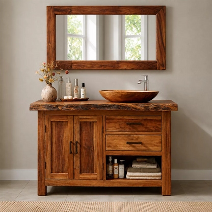 Natural Solid Wood Bathroom Vanity with Two Drawers Cabinet Doors Rustic - Elitegemse - 4