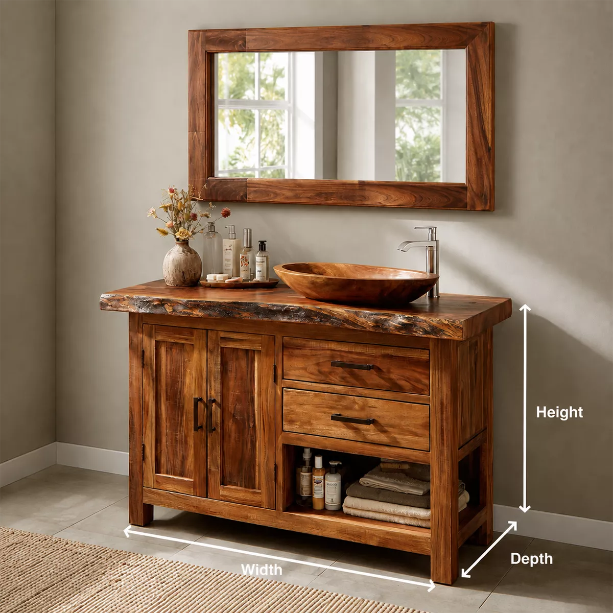Natural Solid Wood Bathroom Vanity with Two Drawers Cabinet Doors Rustic - Elitegemse - 5