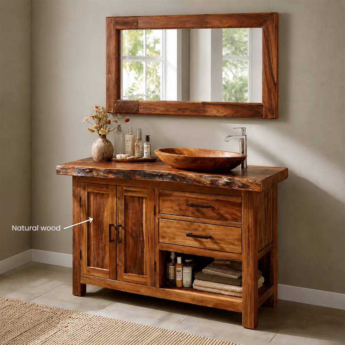 Natural Solid Wood Bathroom Vanity with Two Drawers Cabinet Doors Rustic - Elitegemse - 6