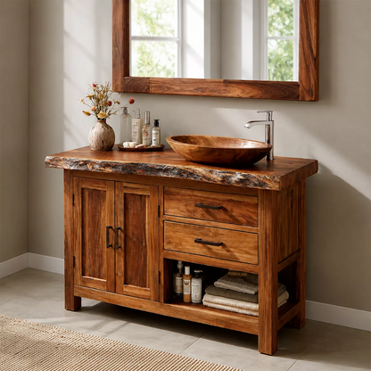 Natural Solid Wood Bathroom Vanity with Two Drawers Cabinet Doors Rustic - Elitegemse - 7