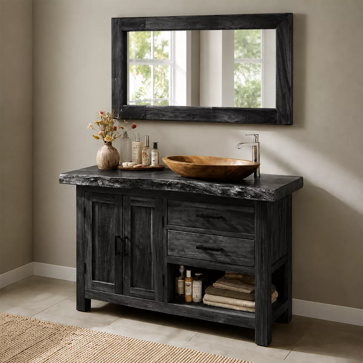 Natural Solid Wood Bathroom Vanity with Two Drawers Cabinet Doors Rustic - Elitegemse - 8
