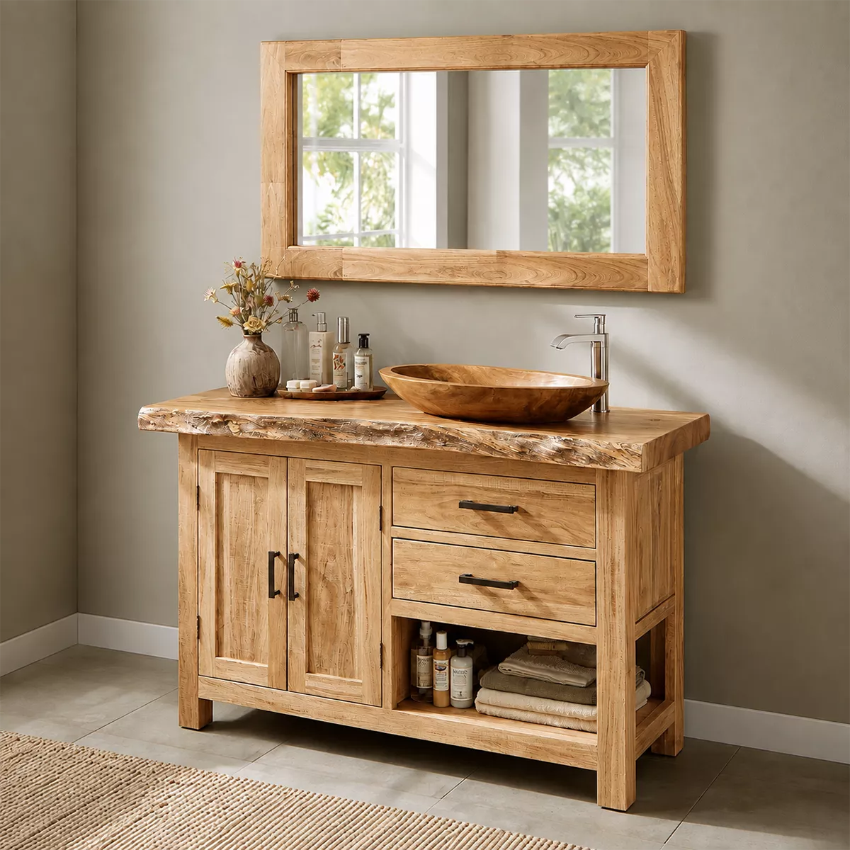 Natural Solid Wood Bathroom Vanity with Two Drawers Cabinet Doors Rustic - Elitegemse - 9