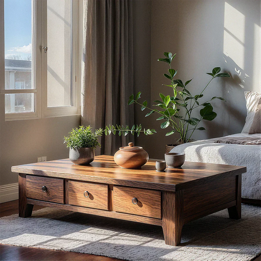 Natural Solid Wood Coffee Table with Drawers – Walnut Finish Japandi Low Storage Table - Elitegemse