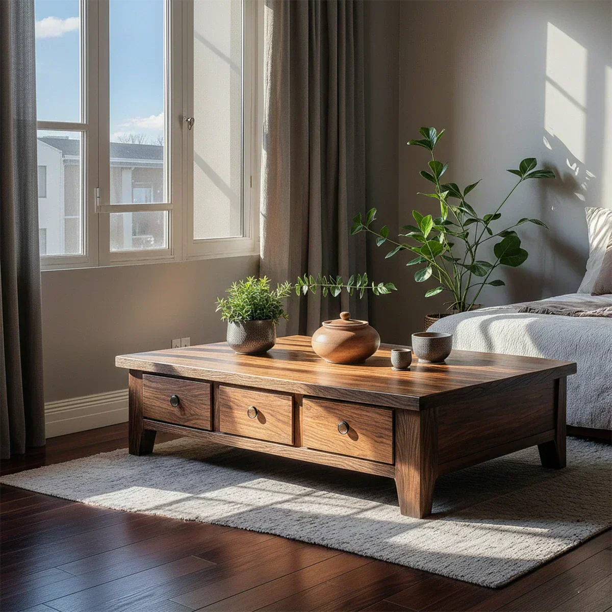 Natural Solid Wood Coffee Table with Drawers – Walnut Finish Japandi Low Storage Table - Elitegemse - View 2