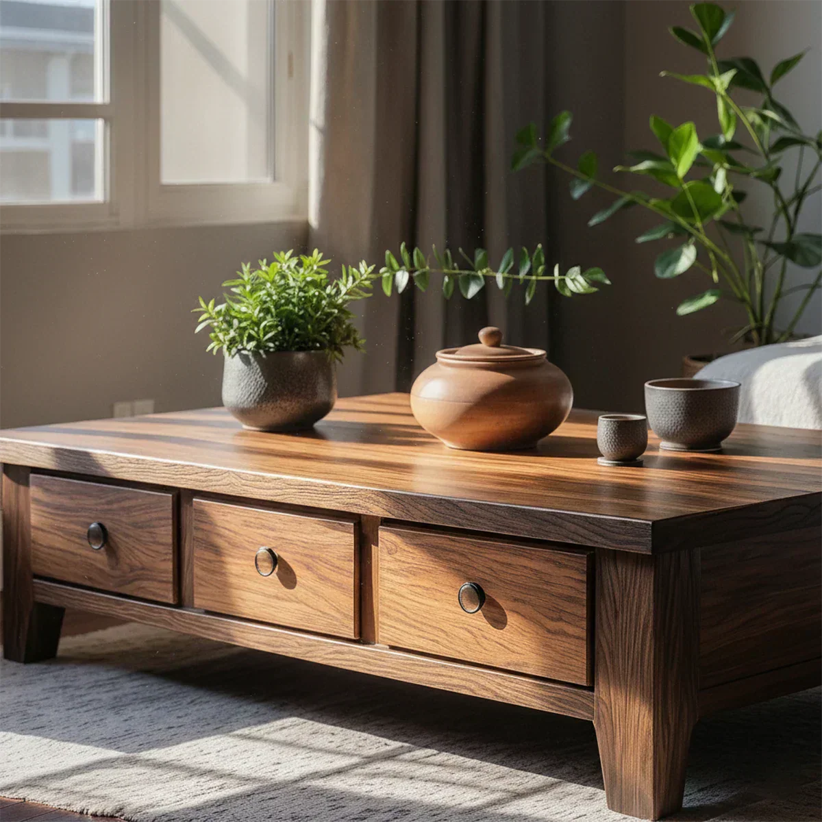 Natural Solid Wood Coffee Table with Drawers – Walnut Finish Japandi Low Storage Table - Elitegemse - View 3