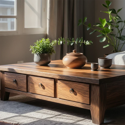 Natural Solid Wood Coffee Table with Drawers – Walnut Finish Japandi Low Storage Table - Elitegemse - View 3